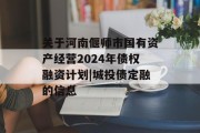 关于河南偃师市国有资产经营2024年债权融资计划|城投债定融的信息