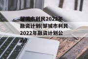 邹城市利民2022年融资计划(邹城市利民2022年融资计划公告)